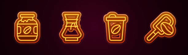 设置线咖啡罐瓶，倒咖啡机，杯去和刮刀与谷物。发光的霓虹灯图标。向量图片下载