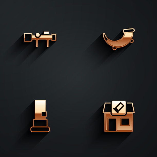 设置狙击手光学瞄准镜，狩猎喇叭，弹药盒和商店图标的长阴影。向量图片下载