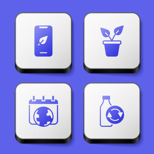 设置手机与叶子，盆栽植物，世界地球日和回收塑料瓶图标。白色正方形按钮。向量图片下载