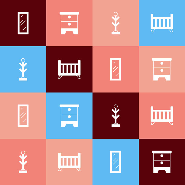设置波普艺术大全长镜子，家具床头柜，外套和婴儿床摇篮床图标。向量图片下载
