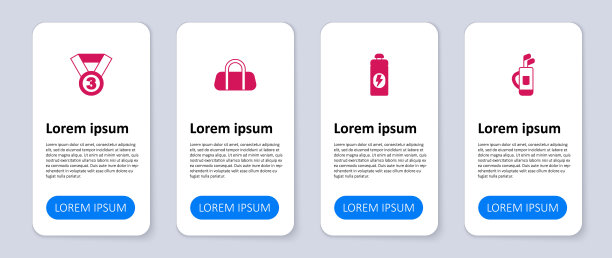 设置高尔夫球袋与俱乐部，健身摇壶，运动和奖牌。业务信息模板。向量图片下载