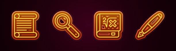 设置线令，羊皮纸，卷轴，放大镜，数学书和钢笔笔尖。发光的霓虹灯图标。向量图片下载