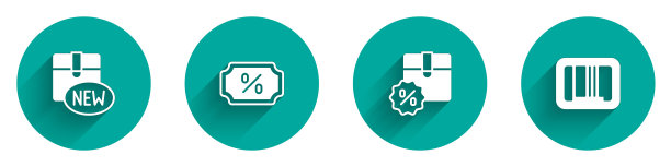 设置新收集，折扣百分比标签，纸盒折扣和条码图标与长阴影。向量图片下载