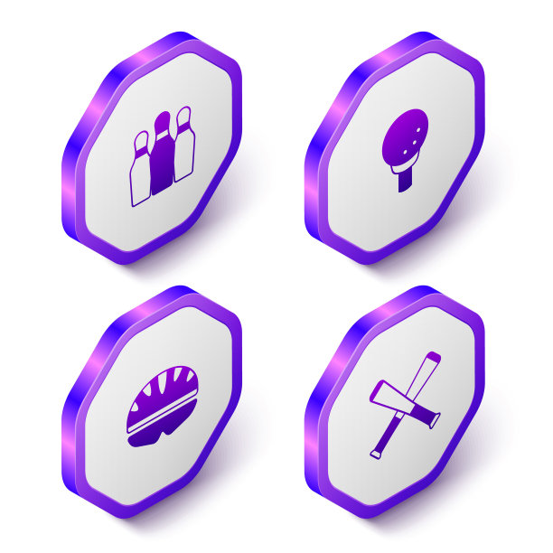 设置等距保龄球瓶，高尔夫球在tee，自行车头盔和交叉棒球棒图标。紫色的六角按钮。向量图片下载