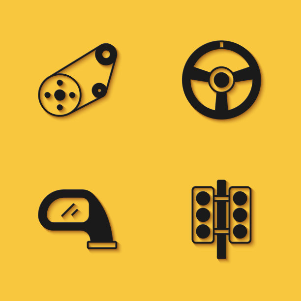 设置同步带套件，赛车交通灯，汽车后视镜和方向盘图标的长阴影。向量图片下载