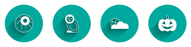 设置眼睛，猫头鹰鸟，月亮和星星和南瓜图标与长阴影。向量图片下载