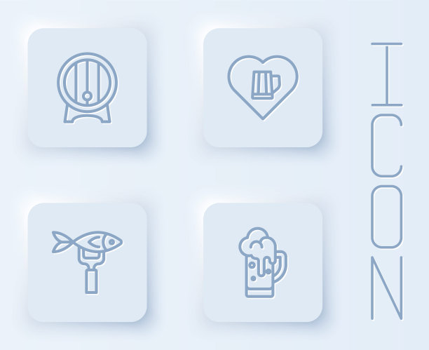 木桶放在架子上，心与啤酒，干鱼和玻璃。白色正方形按钮。向量图片下载