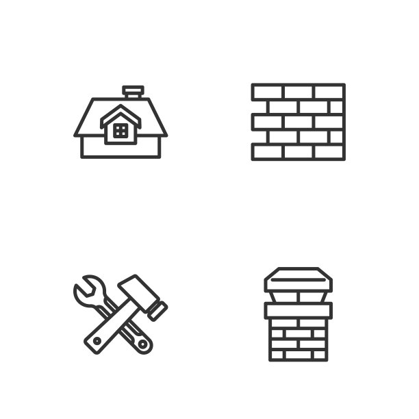 设置线烟囱，锤子和扳手扳手，房子和砖图标。向量图片下载