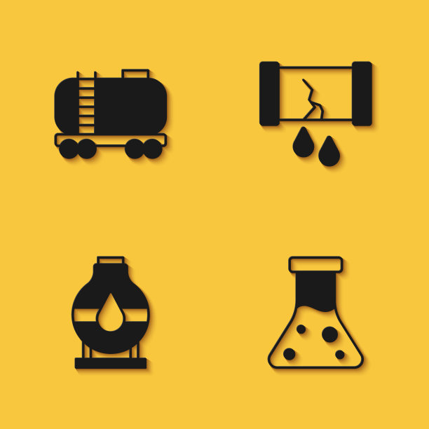 设置油槽、汽油试管、油罐储存库和断油管，带长阴影阀门图标。向量图片下载