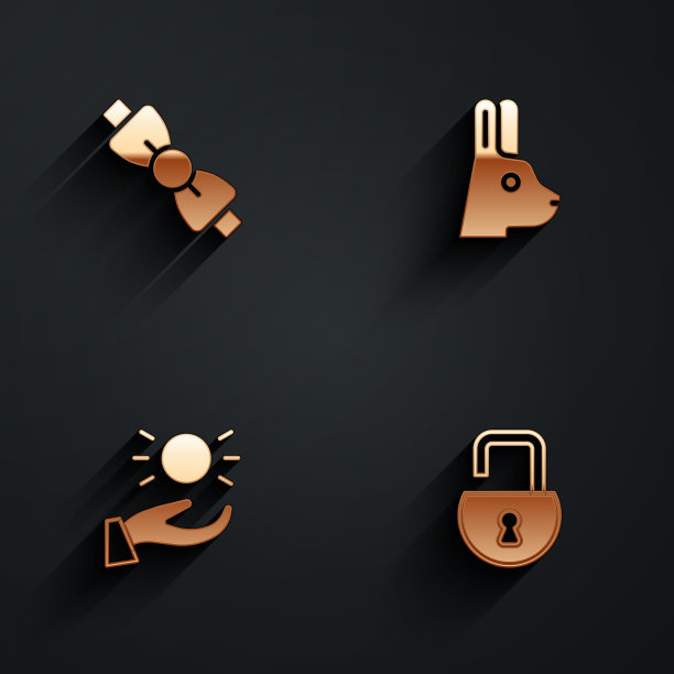 设置蝴蝶结，兔子耳朵，球悬浮在手上和打开挂锁图标与长阴影。向量图片下载