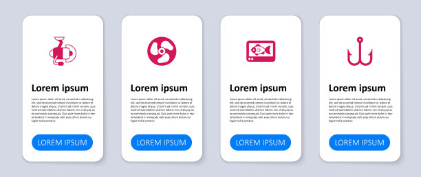 设置钓钩、测深仪、船外马达、纺纱轮捕鱼。业务信息模板。向量图片下载