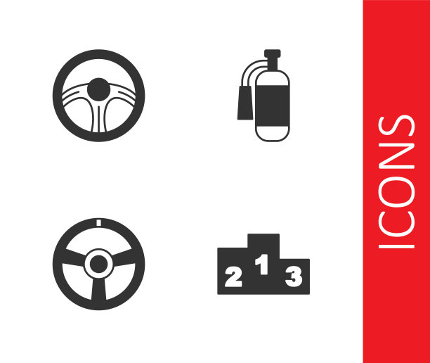设置体育冠军领奖台，赛车方向盘，和灭火器图标。向量图片下载
