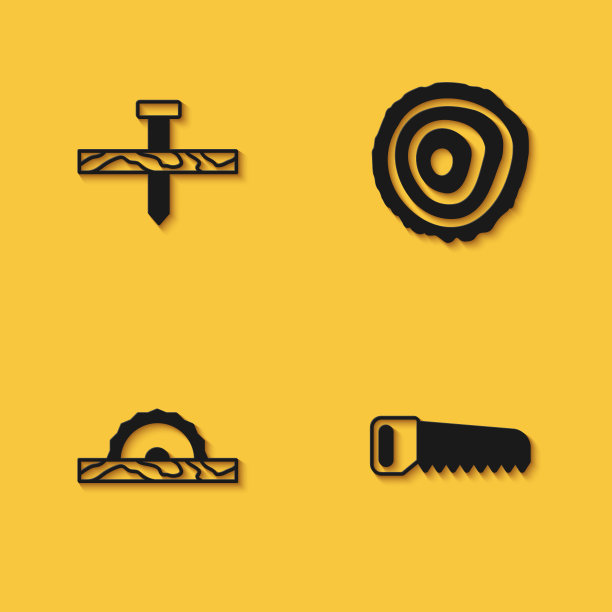 设置金属钉，手锯，电动圆形和树轮图标与长阴影。向量图片下载