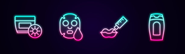 放防晒霜，面膜，丰唇，洗发水。发光的霓虹灯图标。向量图片下载