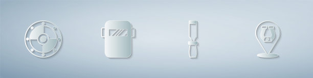 设置圆盾，焊接面罩，锉刀，马蹄铁。纸艺术风格。向量图片下载