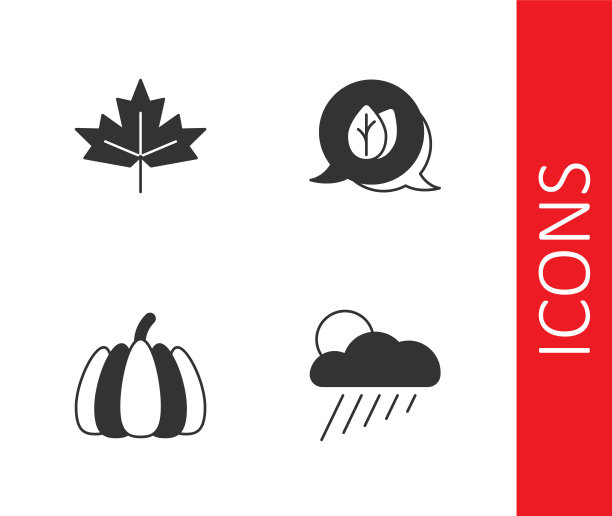 设置云与雨和太阳，加拿大枫叶，南瓜和叶子的图标。向量图片下载