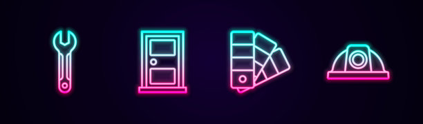 设置线扳手扳手，闭门，调色板和工人安全帽。发光的霓虹灯图标。向量图片下载