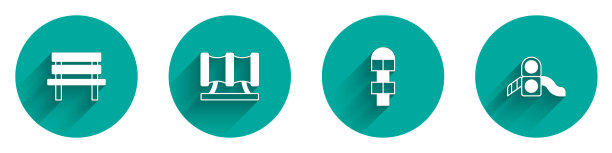 设置长凳，儿童游乐场滑梯管，跳房子和滑梯图标与长阴影。向量图片下载