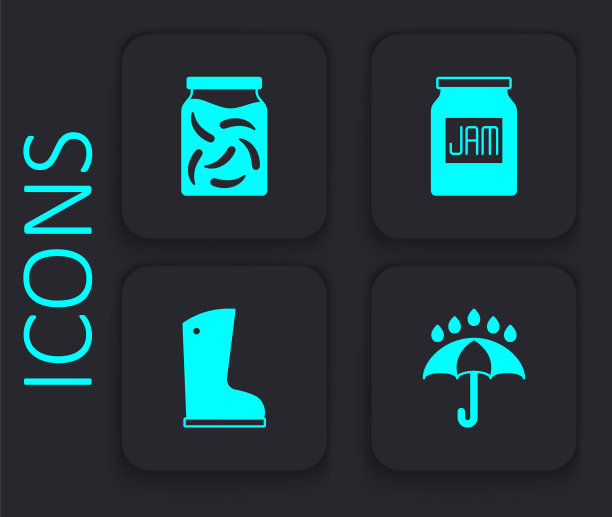 设置雨伞和雨点，腌黄瓜罐，果酱和防水橡胶靴图标。黑色方形按钮。向量图片下载