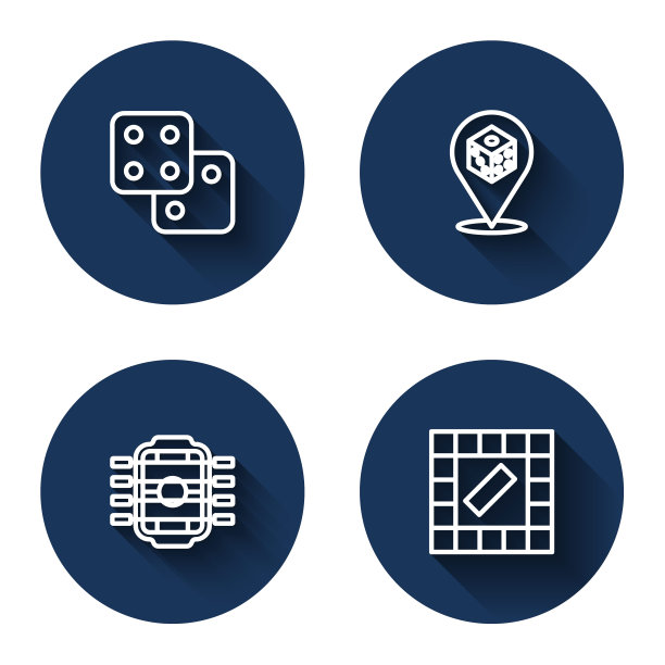 游戏设置线骰子，桌式足球和桌式长影游戏。蓝色圆按钮。向量图片下载