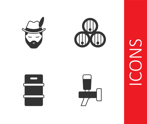 设置啤酒龙头，啤酒节男子，金属啤酒桶和木桶图标。向量图片下载
