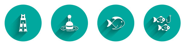 设置渔夫裤，钓鱼浮在水中，钩与鱼图标与长影子。向量图片下载