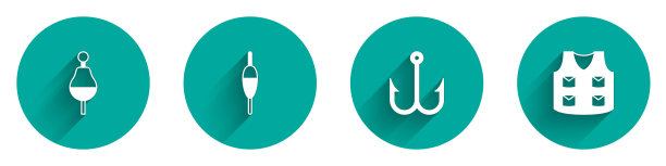 设置钓鱼浮标，钩和夹克图标与长阴影。向量图片下载