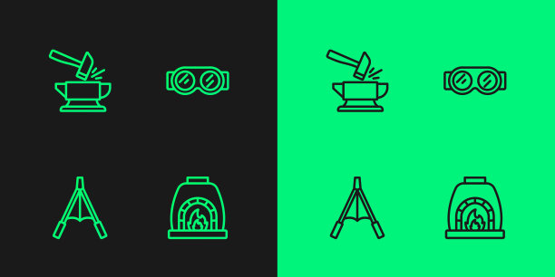 设置生产线铁匠烤箱，鼓风机风箱，砧锤和焊接玻璃图标。向量图片下载