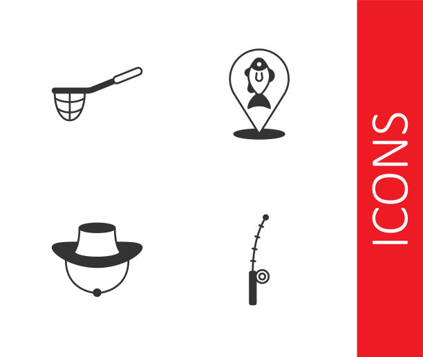 设置鱼竿，渔网，渔民帽和位置钓鱼图标。向量图片下载