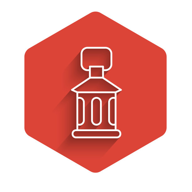 白线斋月卡里姆灯笼图标孤立与长阴影背景。红色的六角按钮。向量图片下载