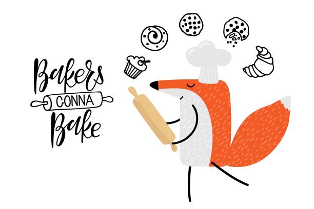 带着擀面杖的卡通狐狸，戴着厨师帽，面包师要烤面包。手写书法字母和可爱的平面卡通人物。用于卡片，横幅，厨房装饰，烹饪学校，商店。图片下载