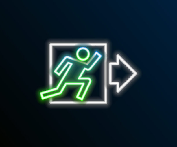 发光霓虹灯线消防出口图标孤立在黑色背景上。火灾紧急图标。色彩斑斓的轮廓的概念。向量图片下载