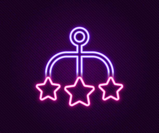 发光的霓虹灯线婴儿床挂玩具图标孤立在黑色背景。婴儿床旋转木马。色彩斑斓的轮廓的概念。向量图片下载