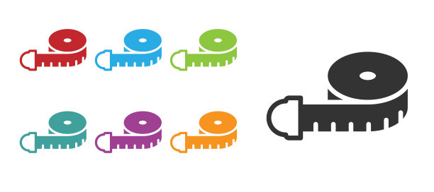 黑色卷尺测量图标孤立在白色背景上。卷尺。设置图标丰富多彩。向量图片下载