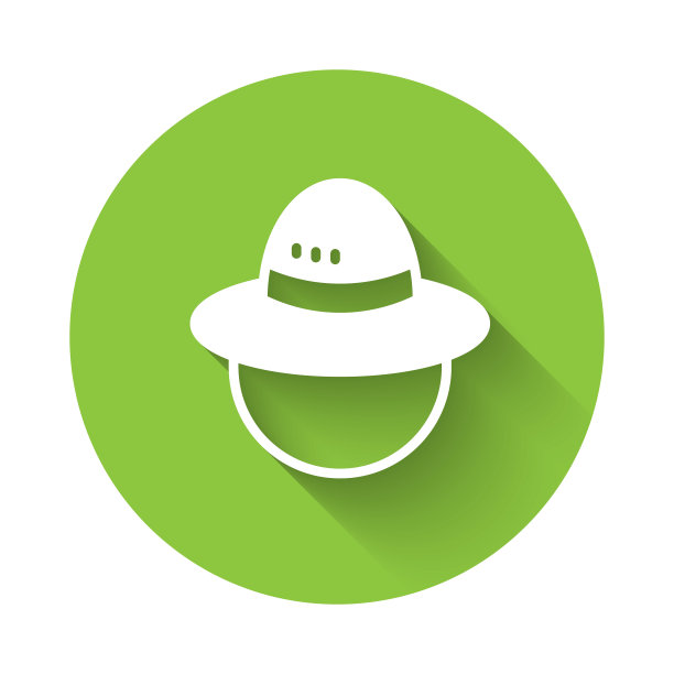 白色野营帽图标孤立与长阴影背景。沙滩帽巴拿马。探险旅行者戴帽子狩猎，徒步旅行，旅游。绿色圆圈按钮。向量图片下载