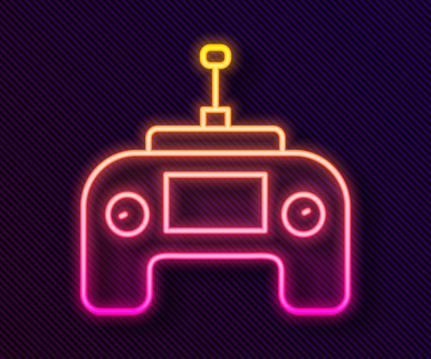 发光霓虹灯线无人机无线电遥控发射器图标孤立在黑色背景。向量图片下载