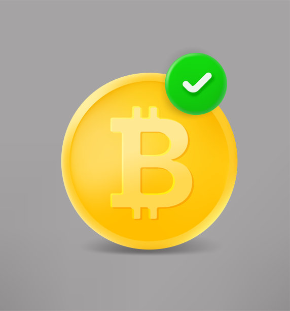 带有绿色勾号的黄金比特币。3 d矢量图标图片下载