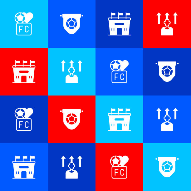 设置球迷俱乐部足球，足球旗帜旗帜，体育场和或足球运动员图标。向量图片下载