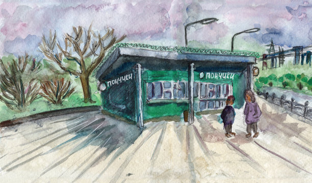 快餐亭的全景景观。招牌“甜甜圈”。手绘水彩城市素描。城市公园的街头小吃。人们在户外吃饭。自然与生态。模板为明信片，海报图片下载