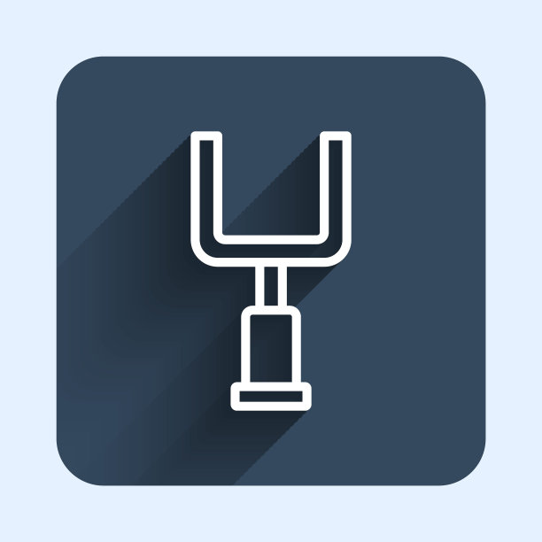 白线美式足球门柱图标孤立与长阴影背景。蓝色方块按钮。向量图片下载