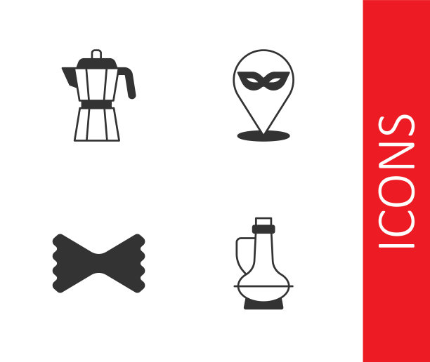 套装橄榄油，咖啡壶，通心粉和嘉年华面具图标。向量图片下载