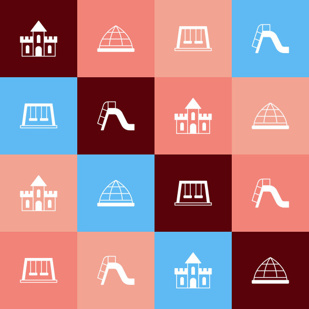 设置流行艺术沙堡，游乐场攀岩设备，儿童秋千和滑梯游乐场图标。向量图片下载