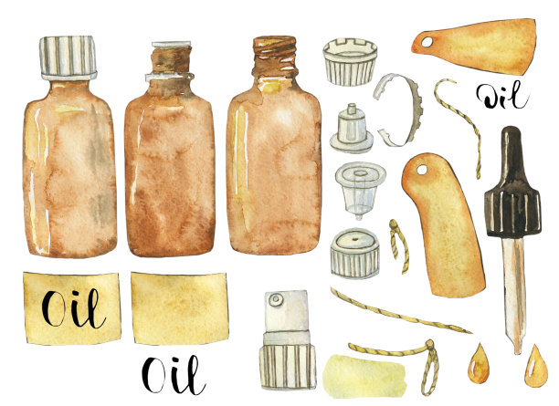 一套玻璃棕色瓶精油隔离在白色背景。瓶子，小瓶，滴管，瓶盖，分配器，剂量器，标签，麻绳。水彩手绘插图。字体的文本“石油”。图片下载