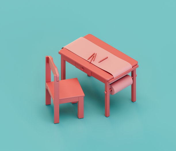为孩子们画画和画桌子。等距红色幼儿园对象为儿童身心发展。单色单色，三维渲染图片下载