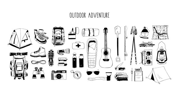 在白色上孤立的单色向量元素集。野营旅行的远足装备。背包，靴子，帐篷，睡袋，指南针，地图，手电筒，望远镜，相机，可重复使用的瓶子，急救箱图片下载
