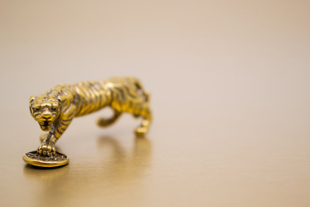 铜像老虎与硬币-象征中国2022年新年的金色背景，复制空间。祝愿吉祥如意，财源滚滚图片下载