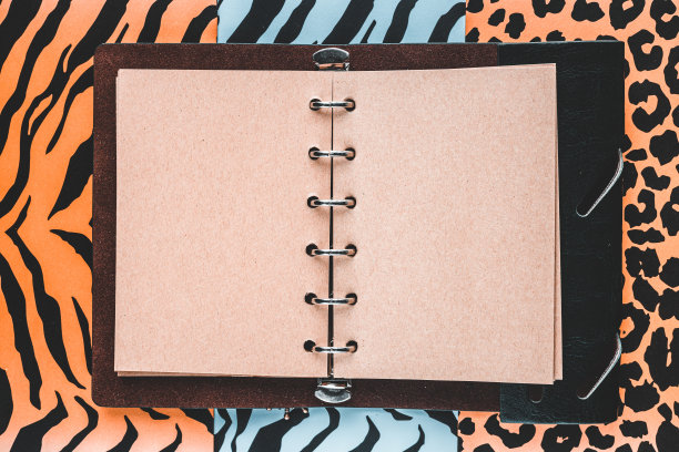 打开手工纸笔记本与文字空间，野生，自由和自然的背景，老虎，美洲虎和斑马皮三种彩色图案，平面布局图片下载