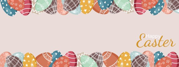 彩色复活节水平横幅与复制空间。蛋形，白色图案，锯齿状，花状，圆点状。图片下载