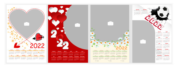 挂历2022。一套丰富多彩的，假日，婴儿照片日历模板与卡通人物。2022年日历设计英文版。一周从星期一开始。矢量图图片下载