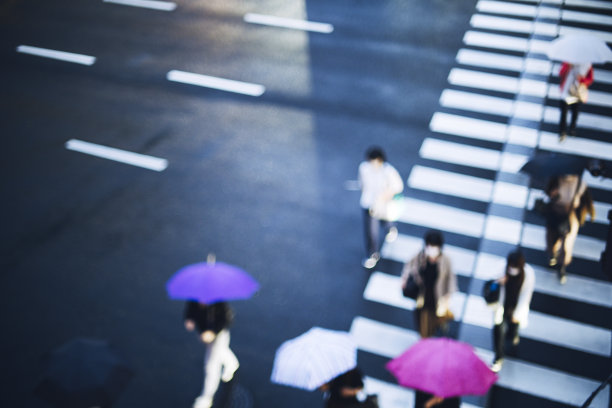 人们撑着雨伞，走过人行横道图片下载